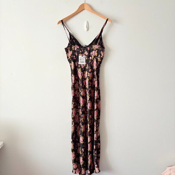Zara Satin Rose Floral Slip Midi Dress Black Pink Size XS - Picture 10 of 12